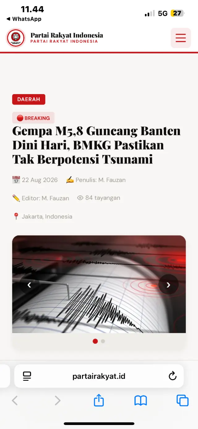 Gempa M5,8 Guncang Banten Dini Hari, BMKG Pastikan Tak Berpotensi Tsunami — News