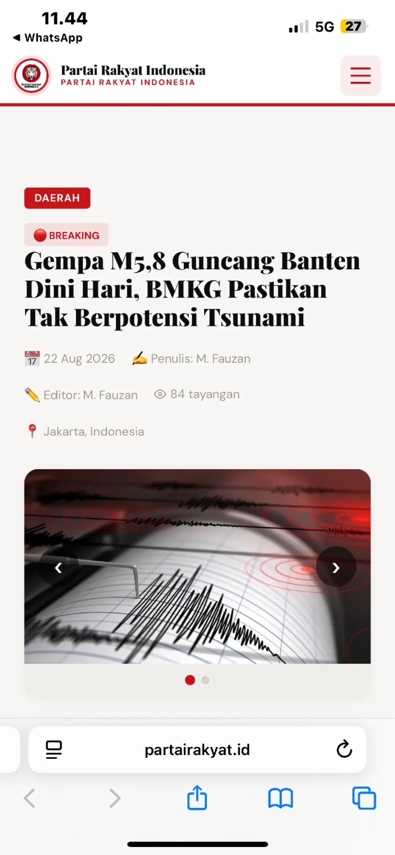 Gempa M5,8 Guncang Banten Dini Hari, BMKG Pastikan Tak Berpotensi Tsunami — News